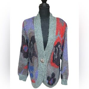 Vintage Romaye Abstract Knit Cardigan – 80s/90s Shoulder Pad Sweater w/ Pockets